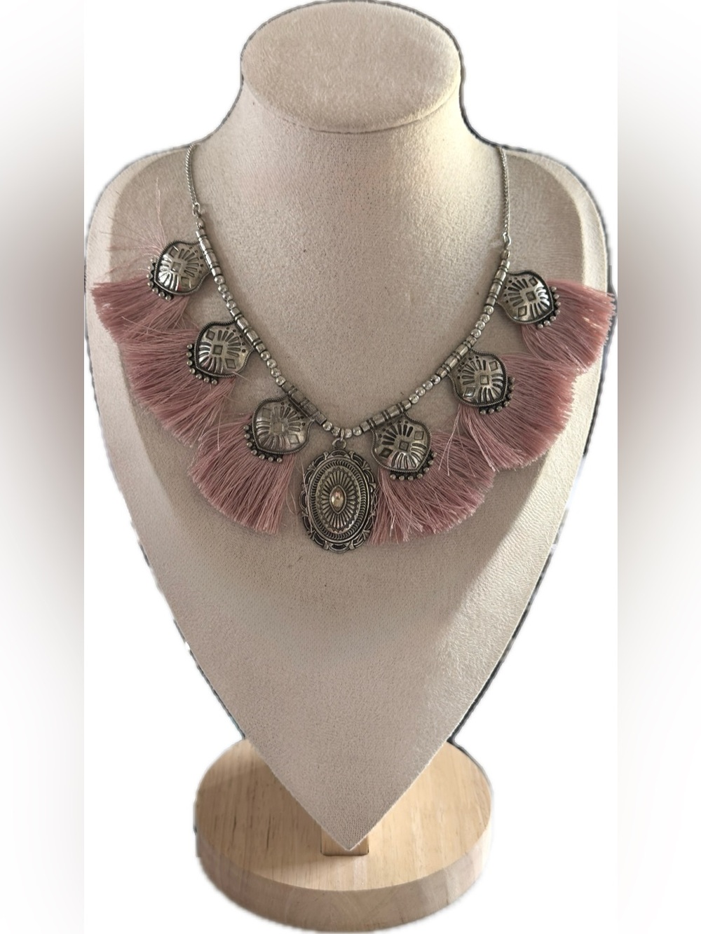 12” adjustable-Shyanne Dusty Rose Tassel Necklace with Silver Medallions